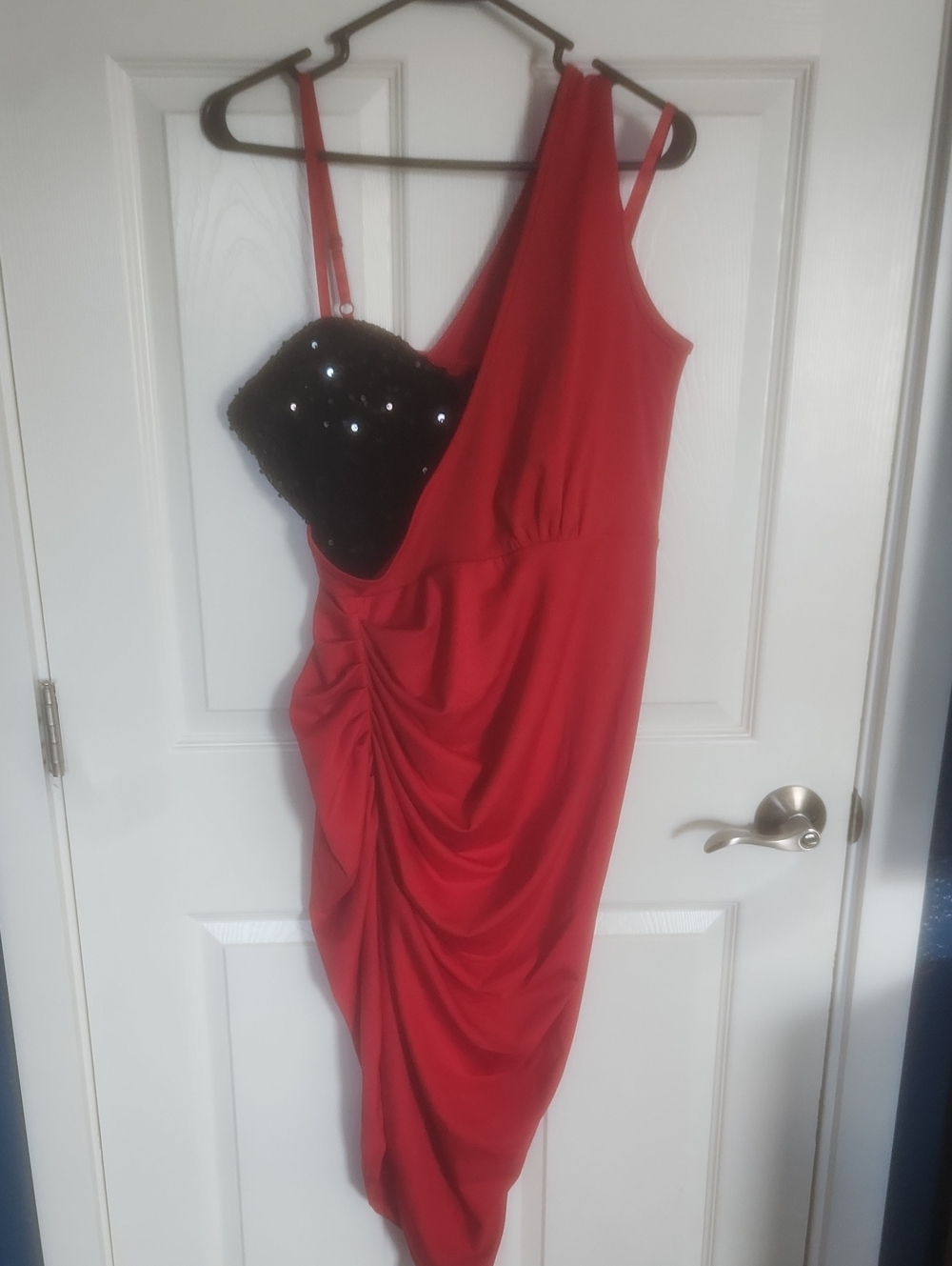 Red One-Shoulder Ruched Dress with Black Sequin Bodice